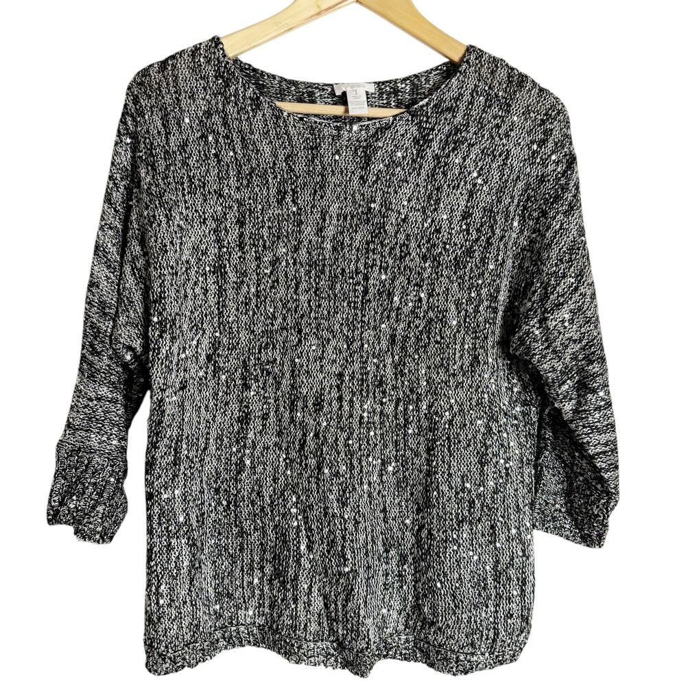 Chico’s Metallic Gray Sequined Knit 3/4 Sleeve Pullover Sweater Size 8